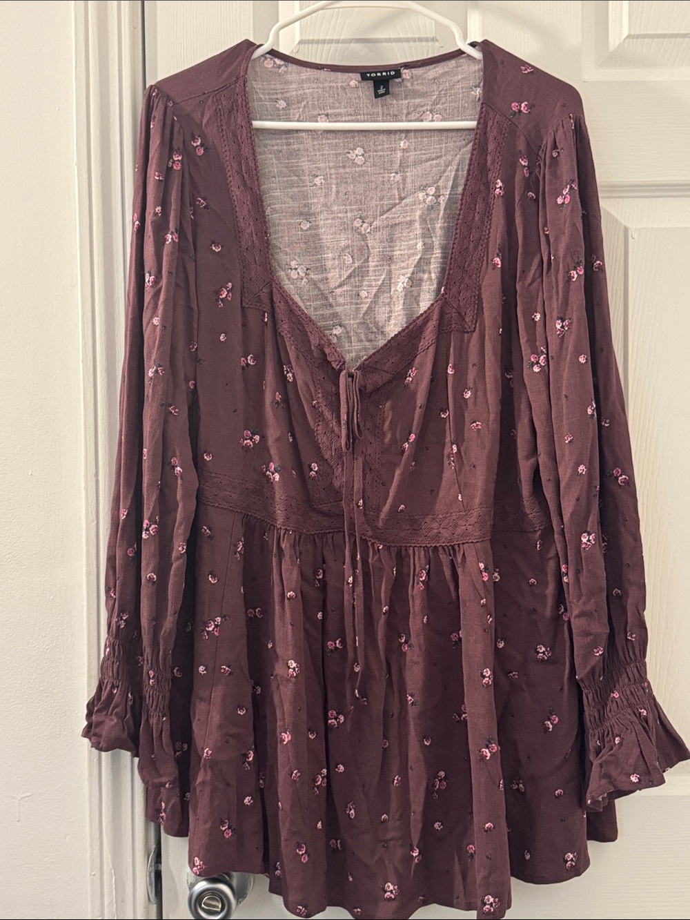 torrid plum long-sleeve embroidered peasant top